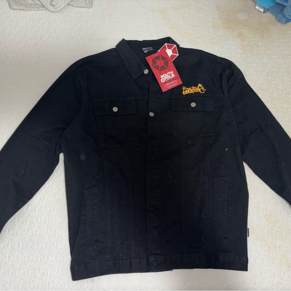 South Pole Black Denim Shirt Jacket with Yellow Embroidered Logo